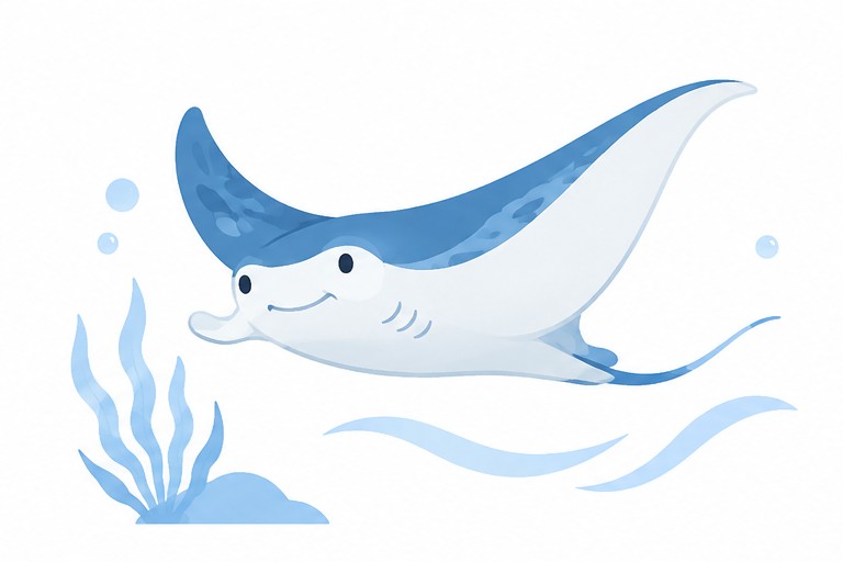 海藻の中を泳ぐマンタのイラスト